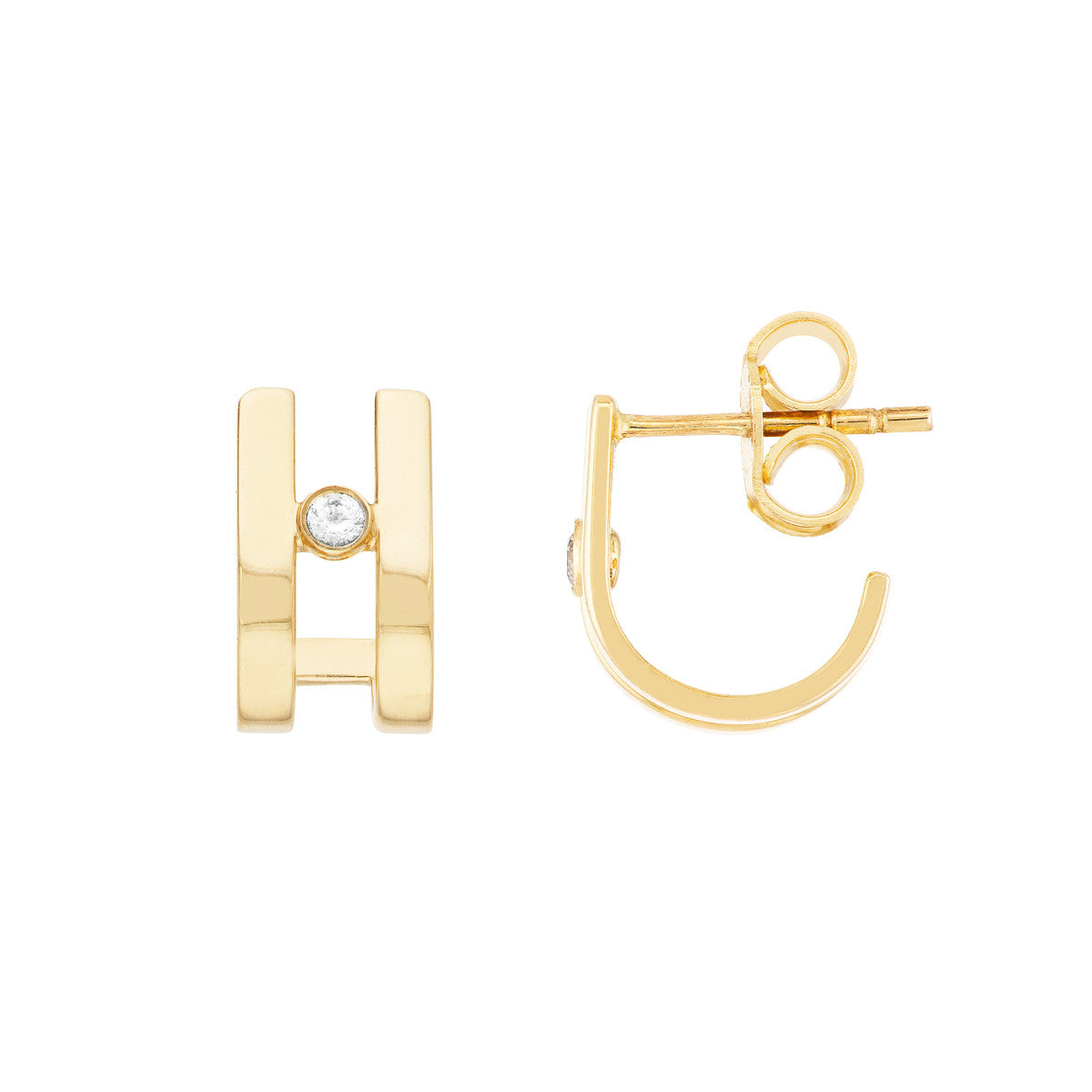 Diamond Bezel In Open J-Huggie Earrings 14K Yellow Gold