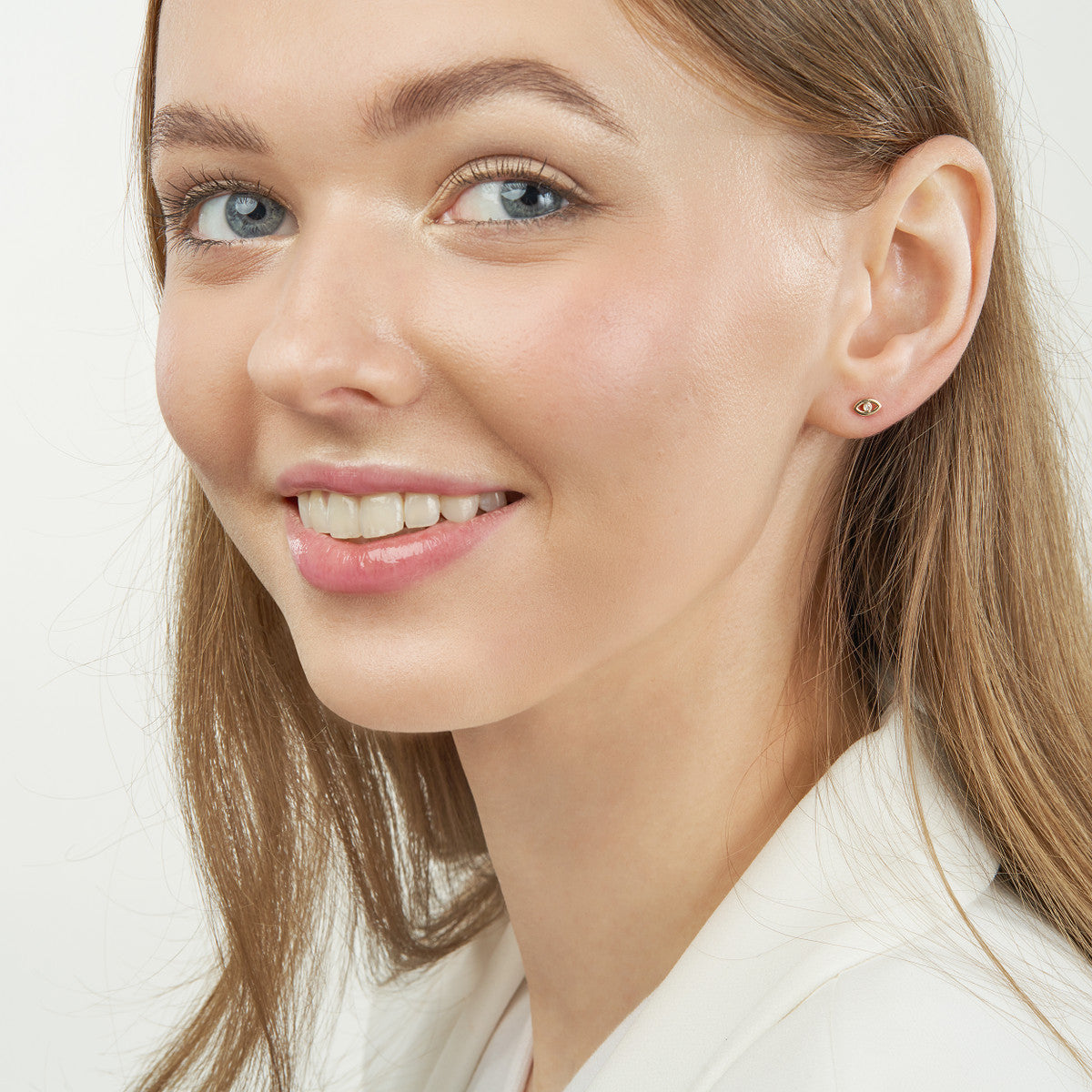 Diamond Open Mini Evil Eye Studs 14K Yellow Gold