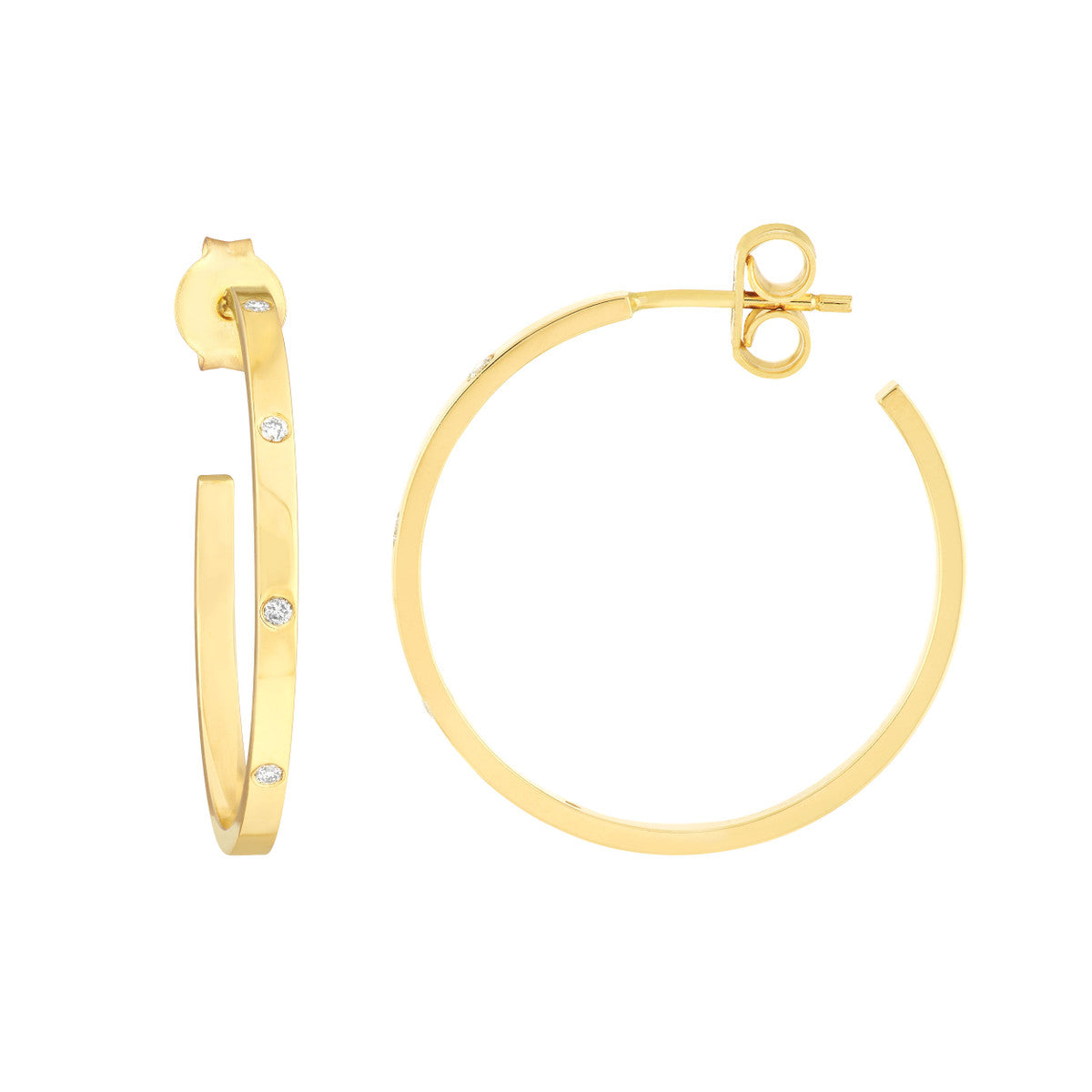 Diamond Square Tube Hoop Earrings 14K Yellow Gold