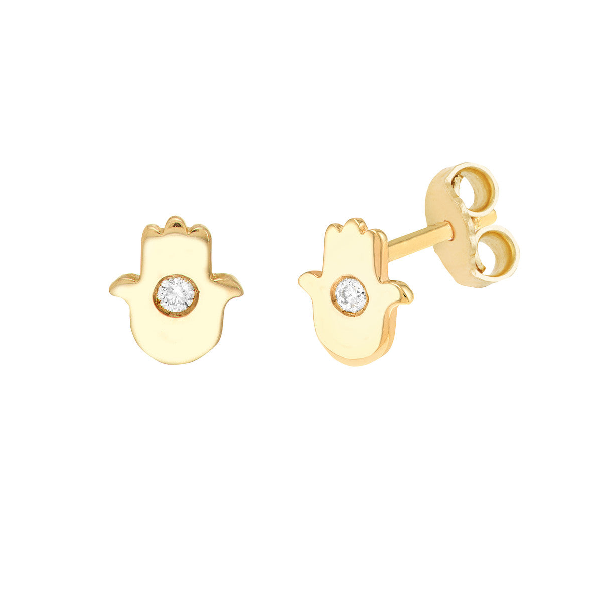 Diamond Hamsa Micro Stud Earrings 14K Yellow Gold