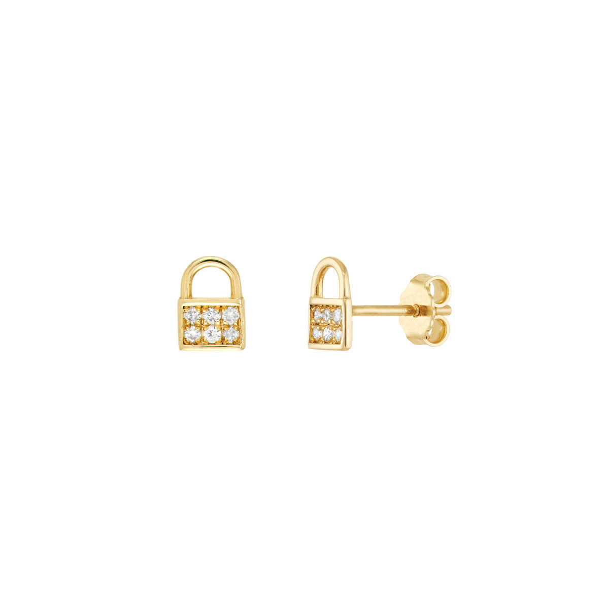 Diamond Baby Padlock Stud Earrings 14K Yellow Gold