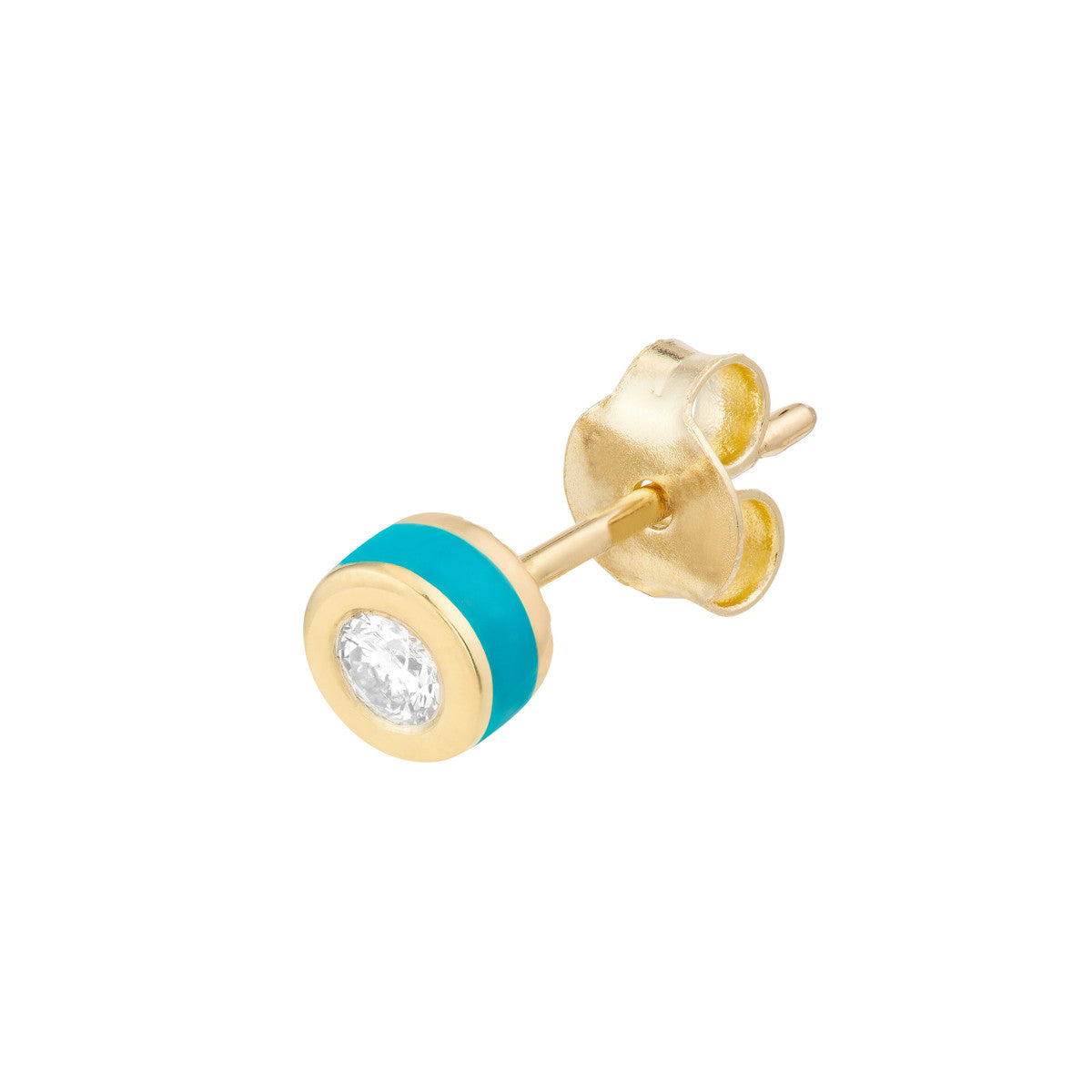 Bezel Set Diamond Stud w/ Turq Enamel 14K Yellow Gold