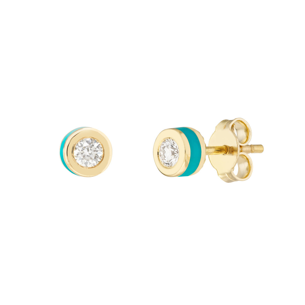 Bezel Set Diamond Stud w/ Turq Enamel 14K Yellow Gold