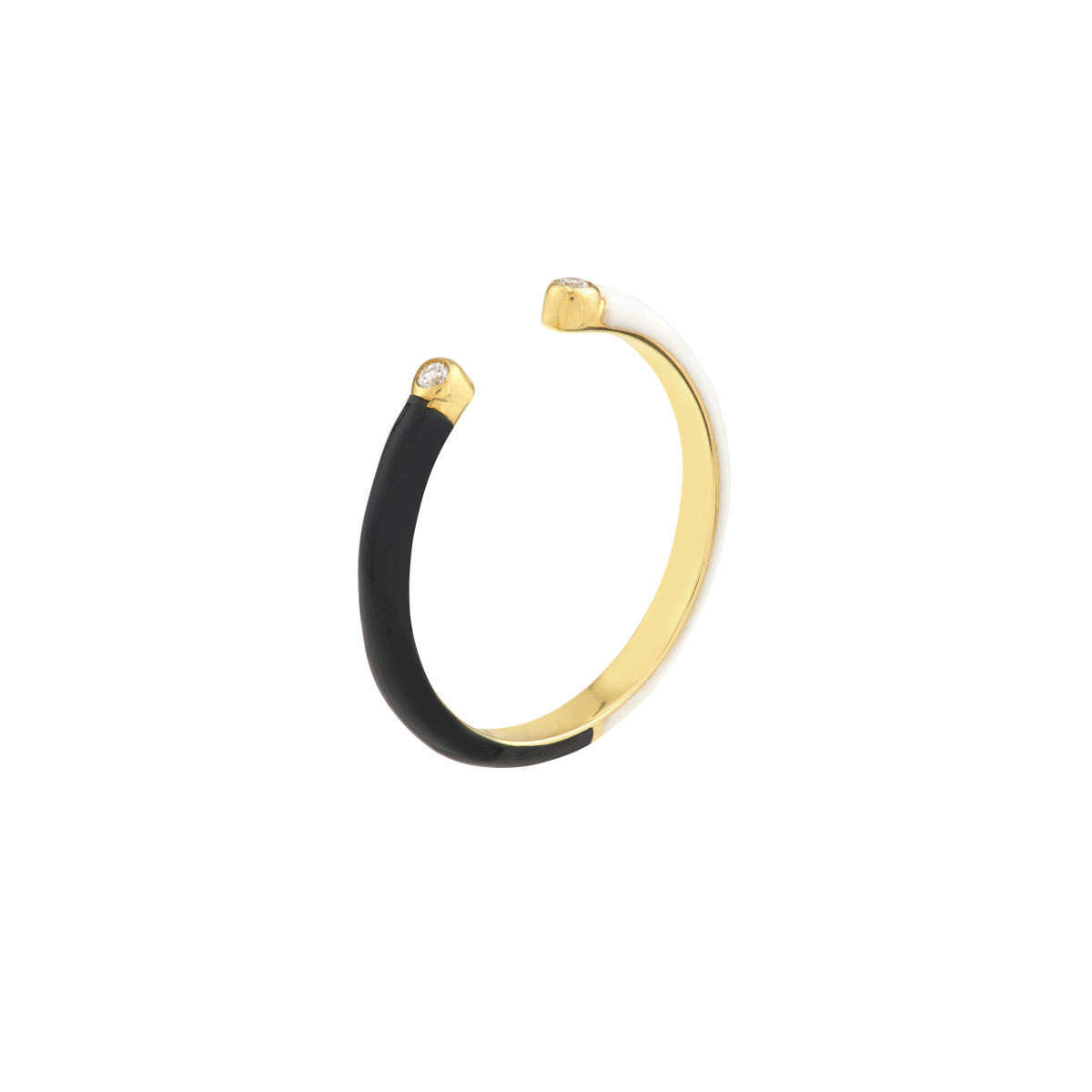 Diamond Cuff Ring with 1/2 White 1/2 Black Enamel 14K Yellow Gold