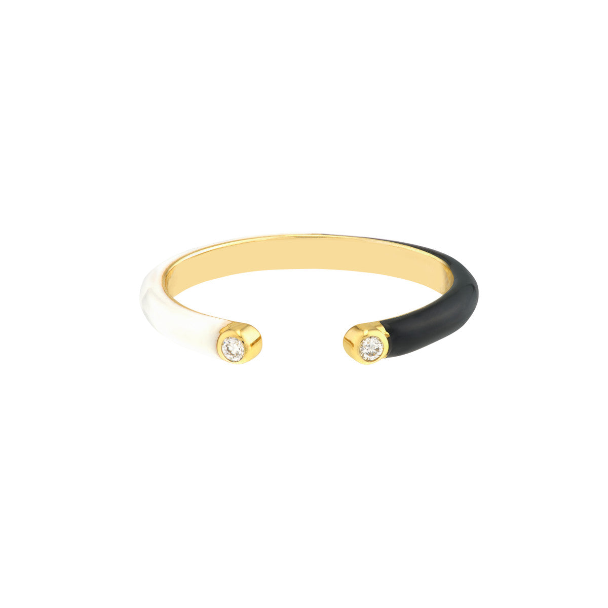 Diamond Cuff Ring with 1/2 White 1/2 Black Enamel 14K Yellow Gold