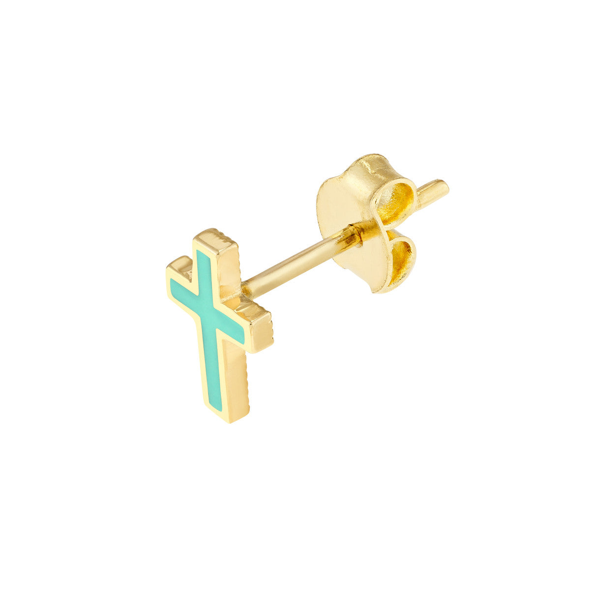 Lt.Turquoise Enamel Cross Stud Earrings 14K Yellow Gold