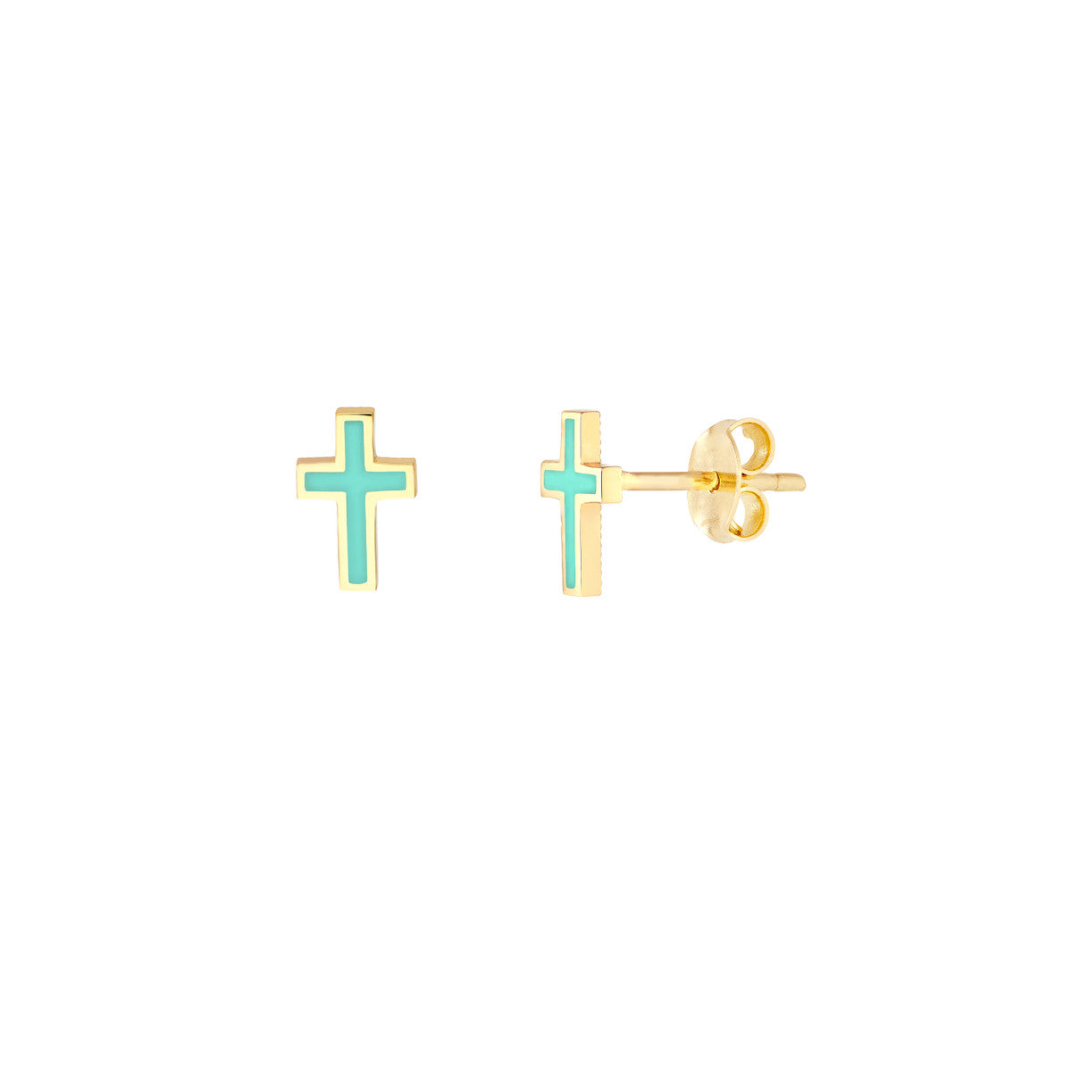 Lt.Turquoise Enamel Cross Stud Earrings 14K Yellow Gold
