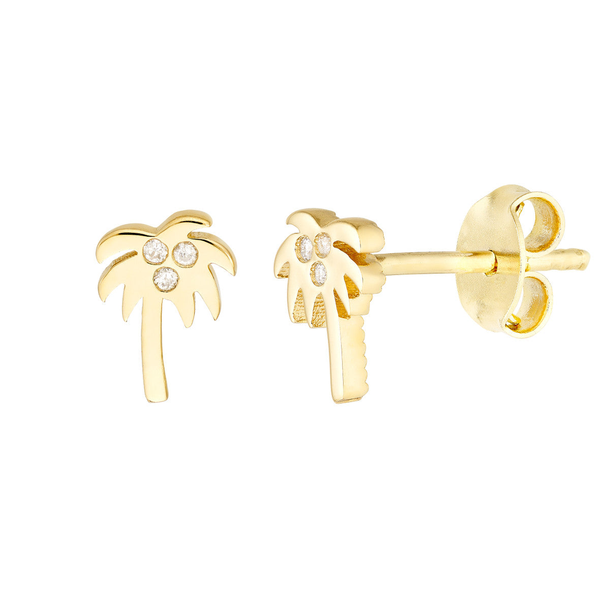 Diamond Palm Tree Stud Earrings 14K Yellow Gold