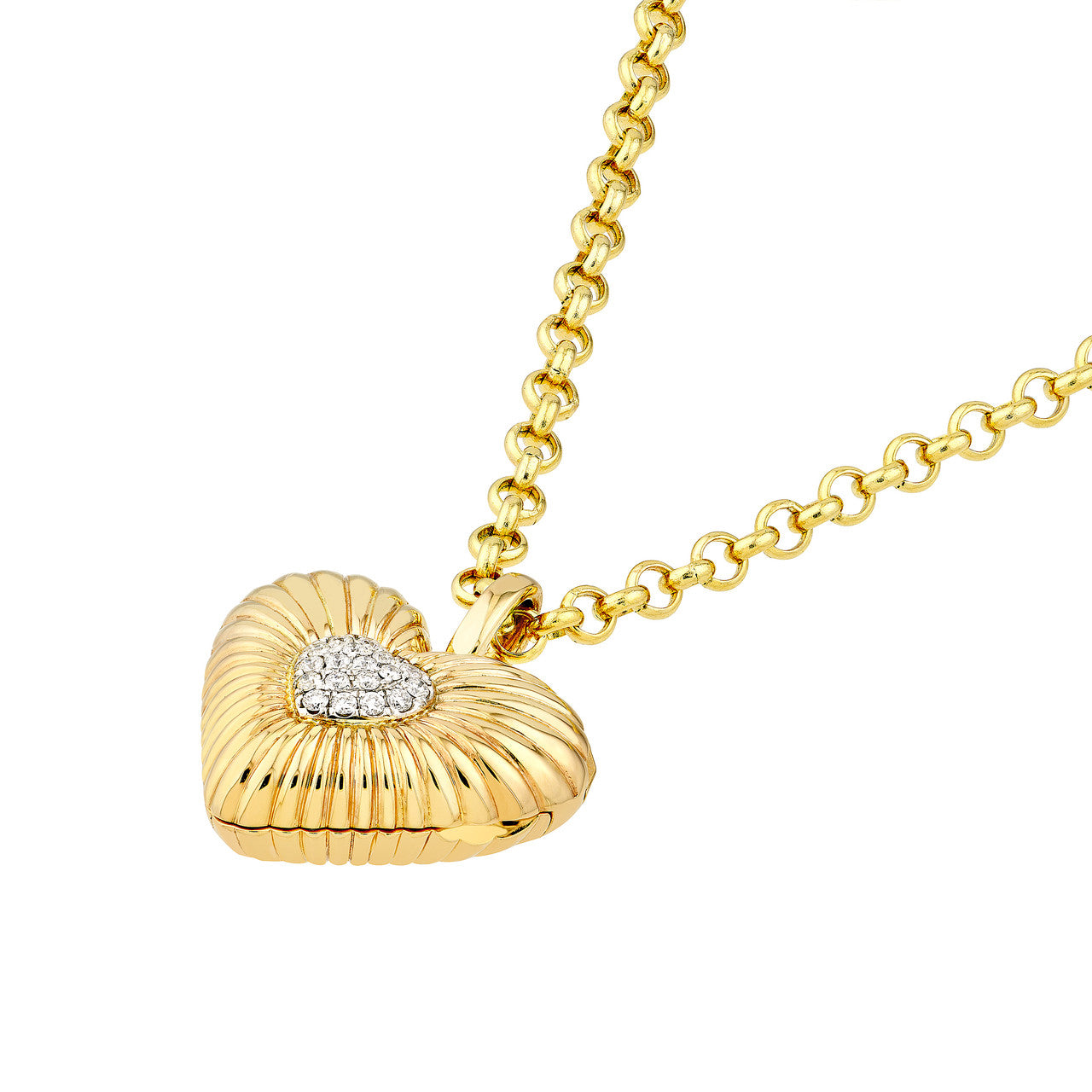 Pave Diamond Fluted Heart Locket (1/15ctw) in 14K Two Tone Yellow and White Gold