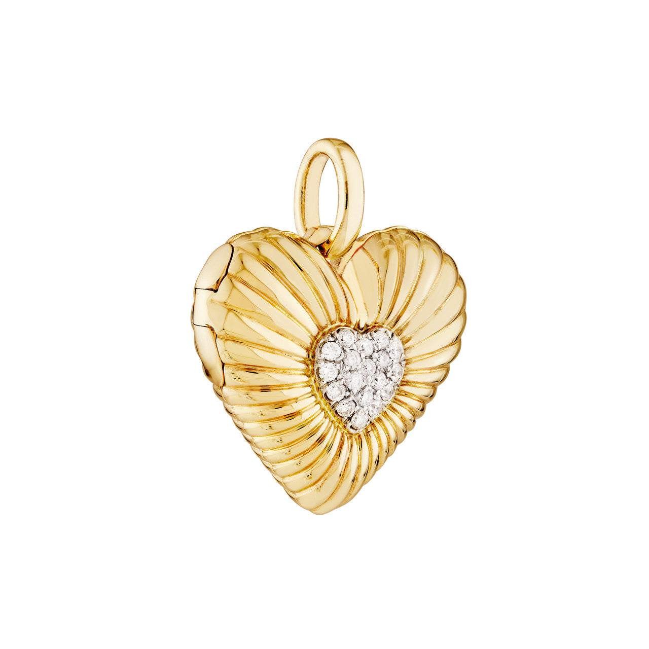 Pave Diamond Fluted Heart Locket (1/15ctw) in 14K Two Tone Yellow and White Gold