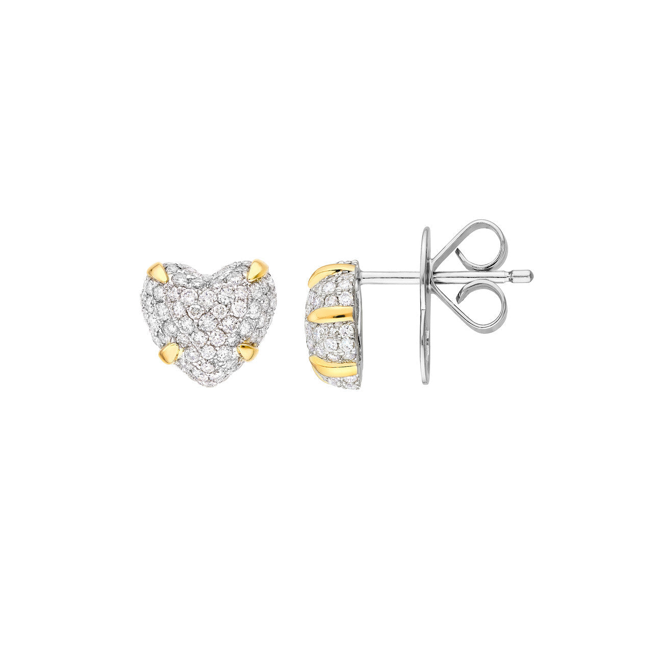 Diamond Pavé Heart Stud Earrings 14K Two Tone Gold