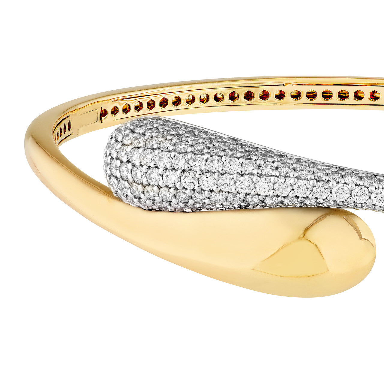 Diamond Pave Teardrop Bypass Bangle "The Puffy" in 14K Two Tone White & Yellow Gold