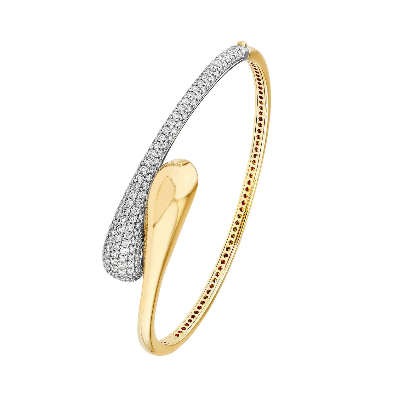 Diamond Pave Teardrop Bypass Bangle "The Puffy" in 14K Two Tone White & Yellow Gold