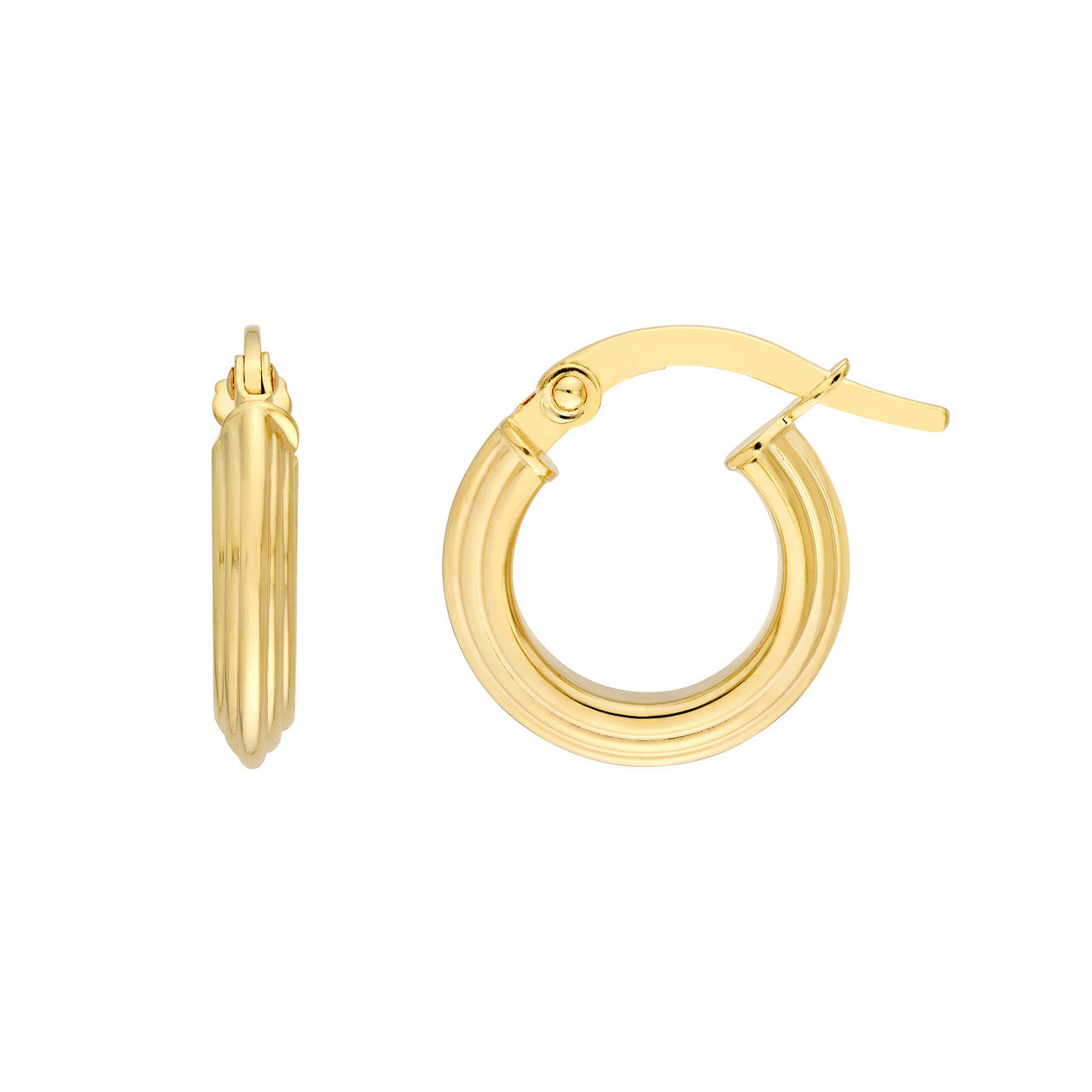 Triangle Tube Hammered Round Hoop Earrings 14K Yellow Gold