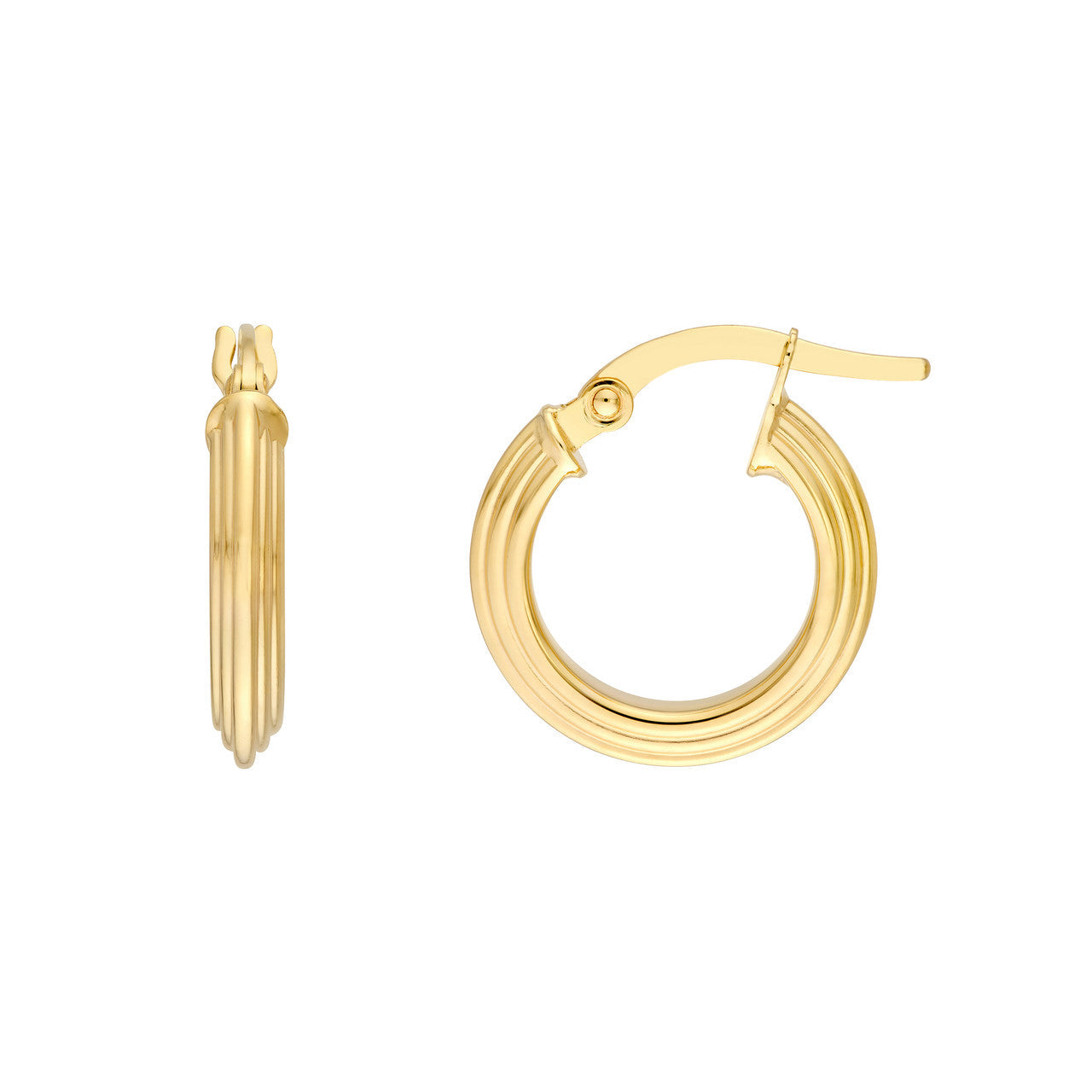Triangle Tube Hammered Round Hoop Earrings 14K Yellow Gold