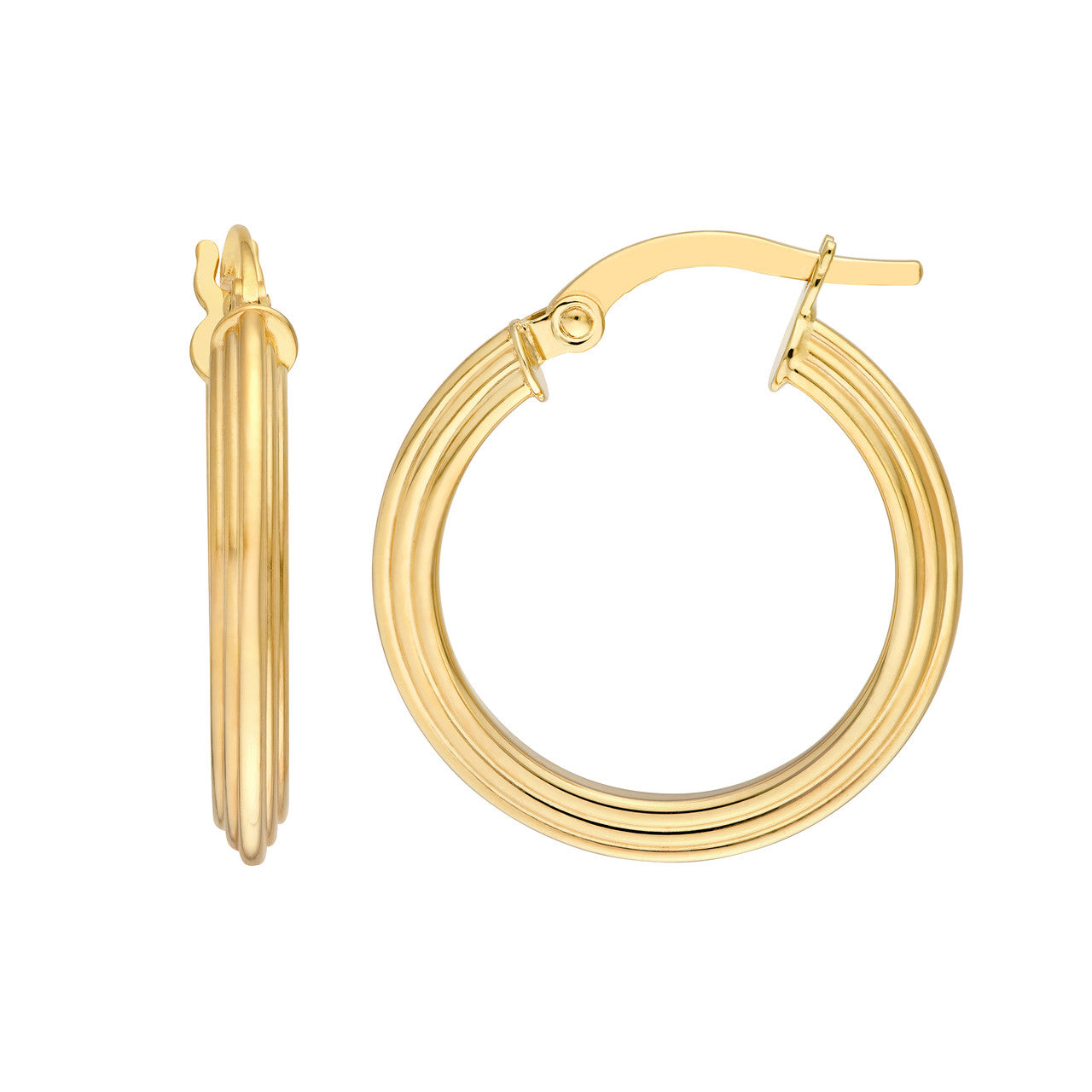 Triangle Tube Hammered Round Hoop Earrings 14K Yellow Gold