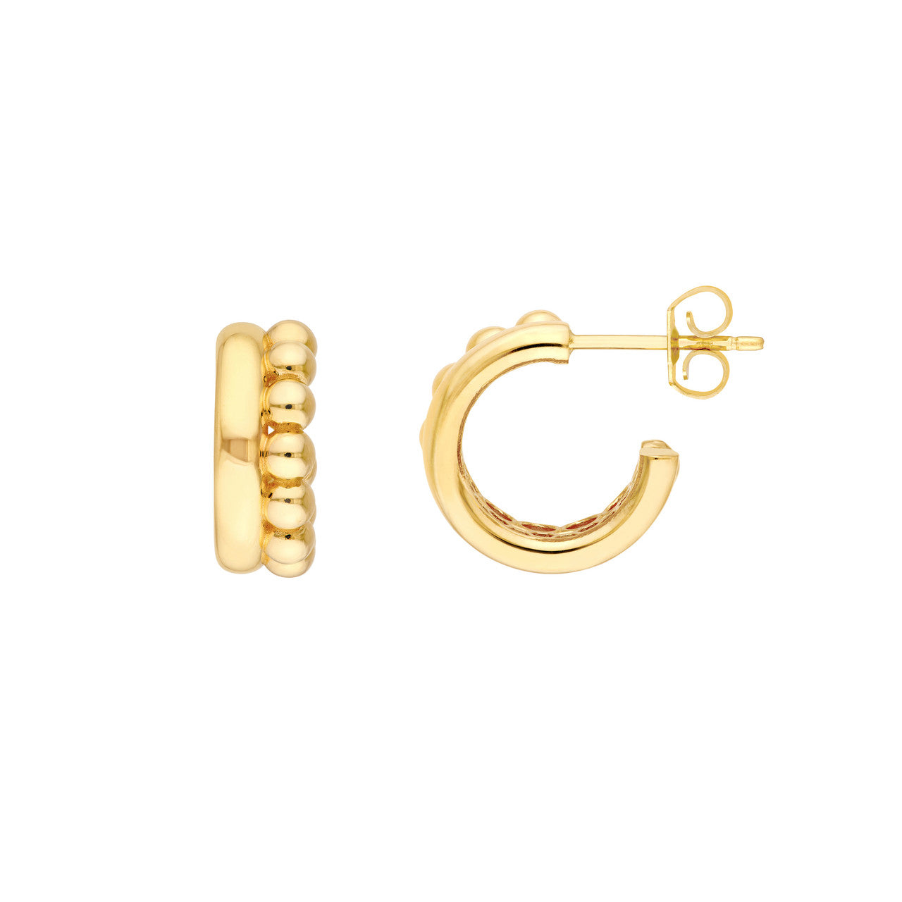Beaded and Polished Open Hoop Earrings in 14K Yellow Gold