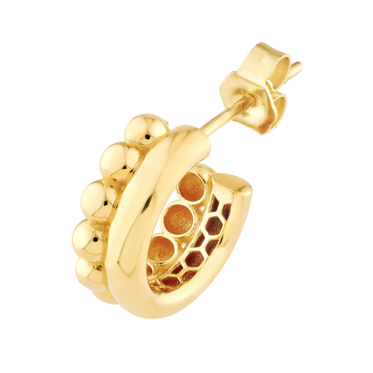 Beaded and Polished Open Hoop Earrings in 14K Yellow Gold