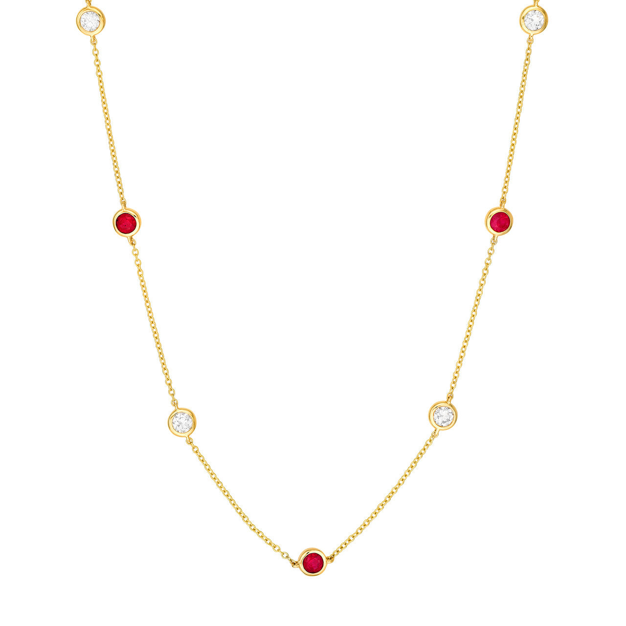 Diamond & Gemstone Bezel Station Necklace 14K Yellow Gold