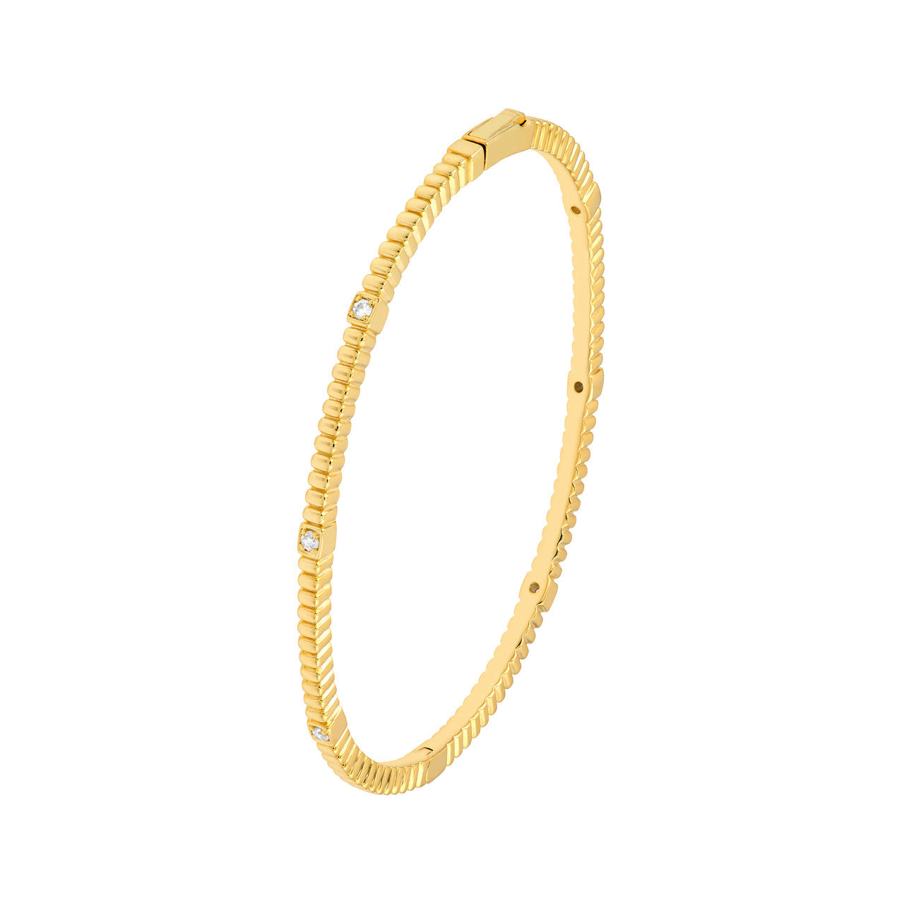 Diamond Fluted Station Bangle Bracelet 14K Yellow Gold