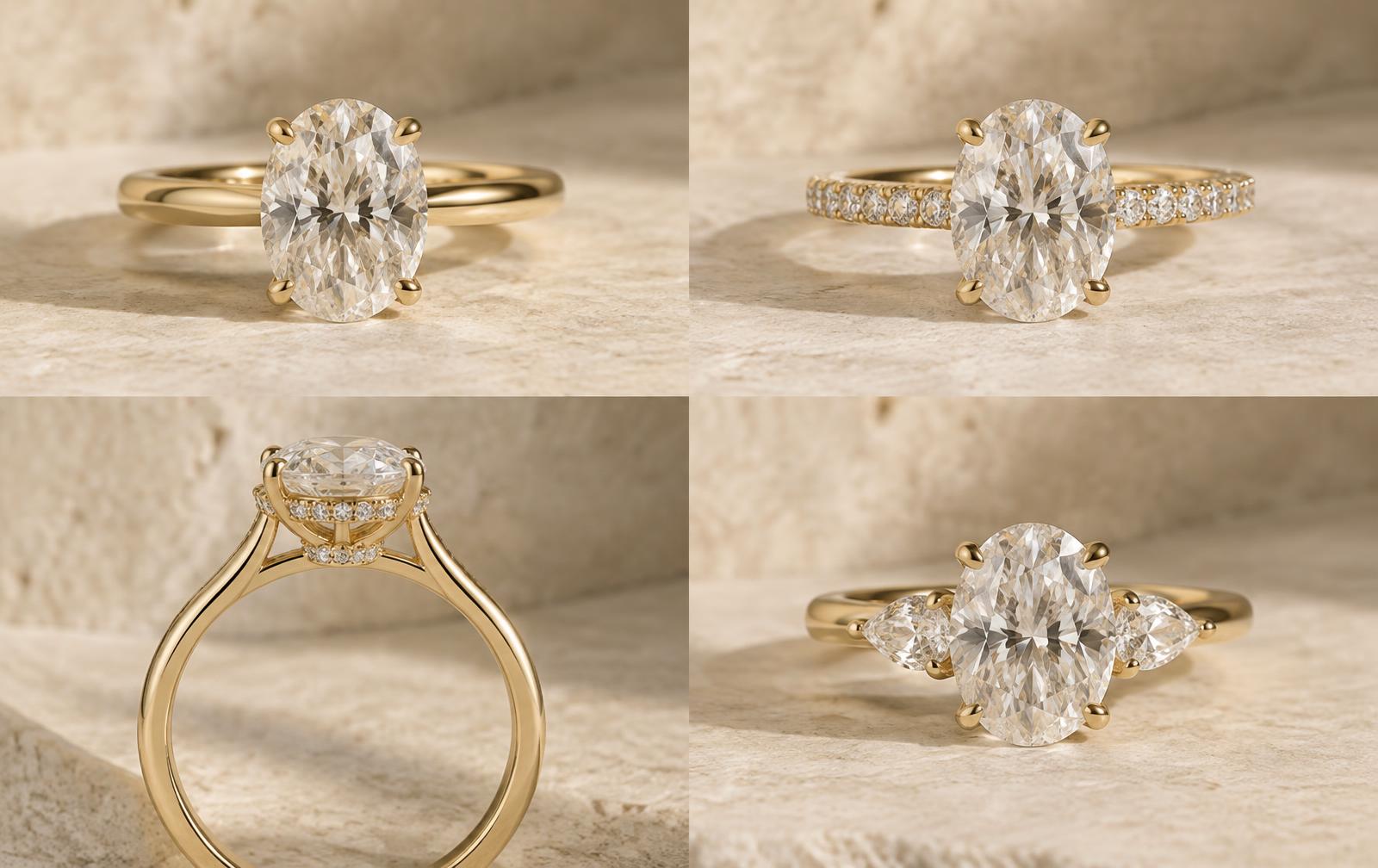 Four educational oval engagement ring studies with plain shoulders, pavé shoulders, hidden halo and side diamonds
