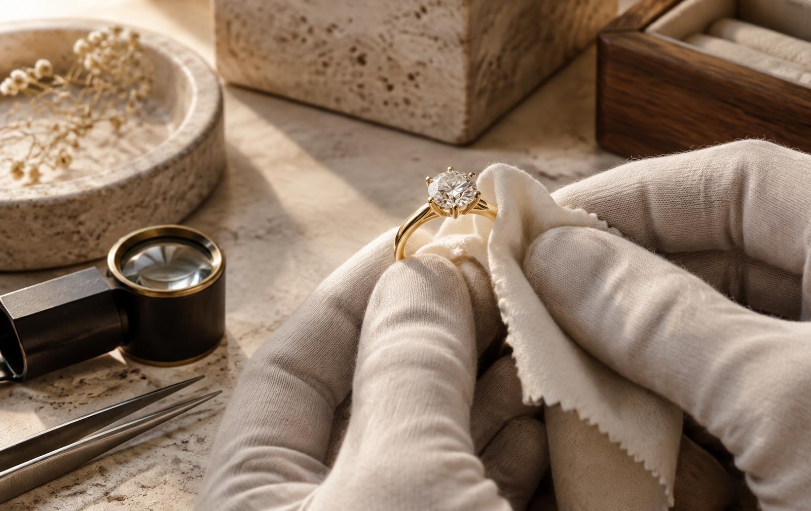 Diamond engagement ring gently inspected and cleaned in a warm atelier