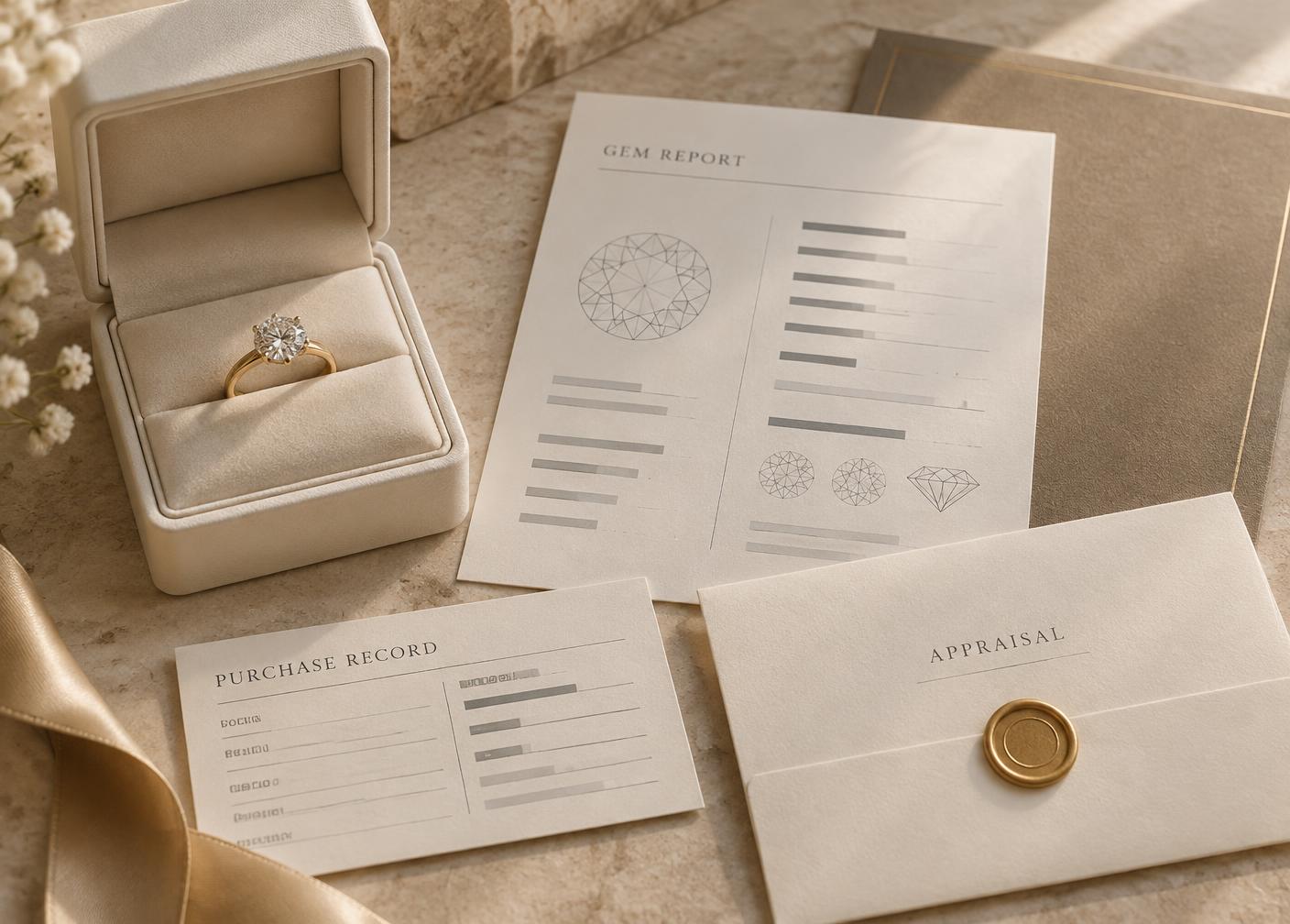 Original editorial flat lay of a jewelry box with generic grading report, purchase record and appraisal envelope