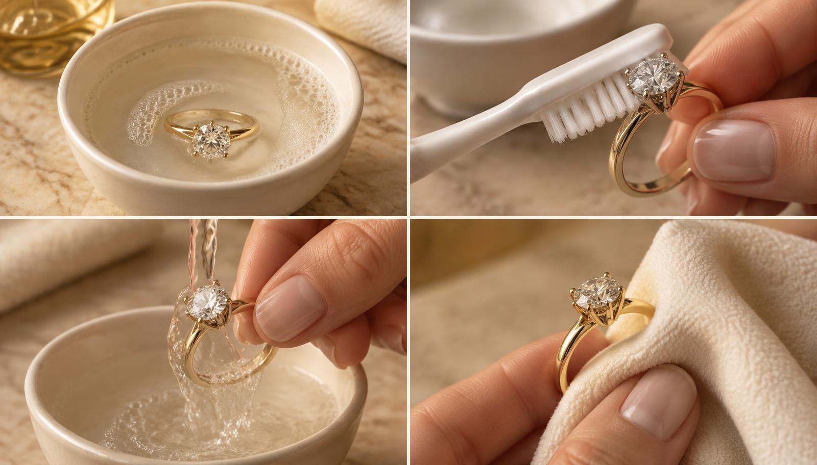 Four-step gentle cleaning sequence for a diamond ring