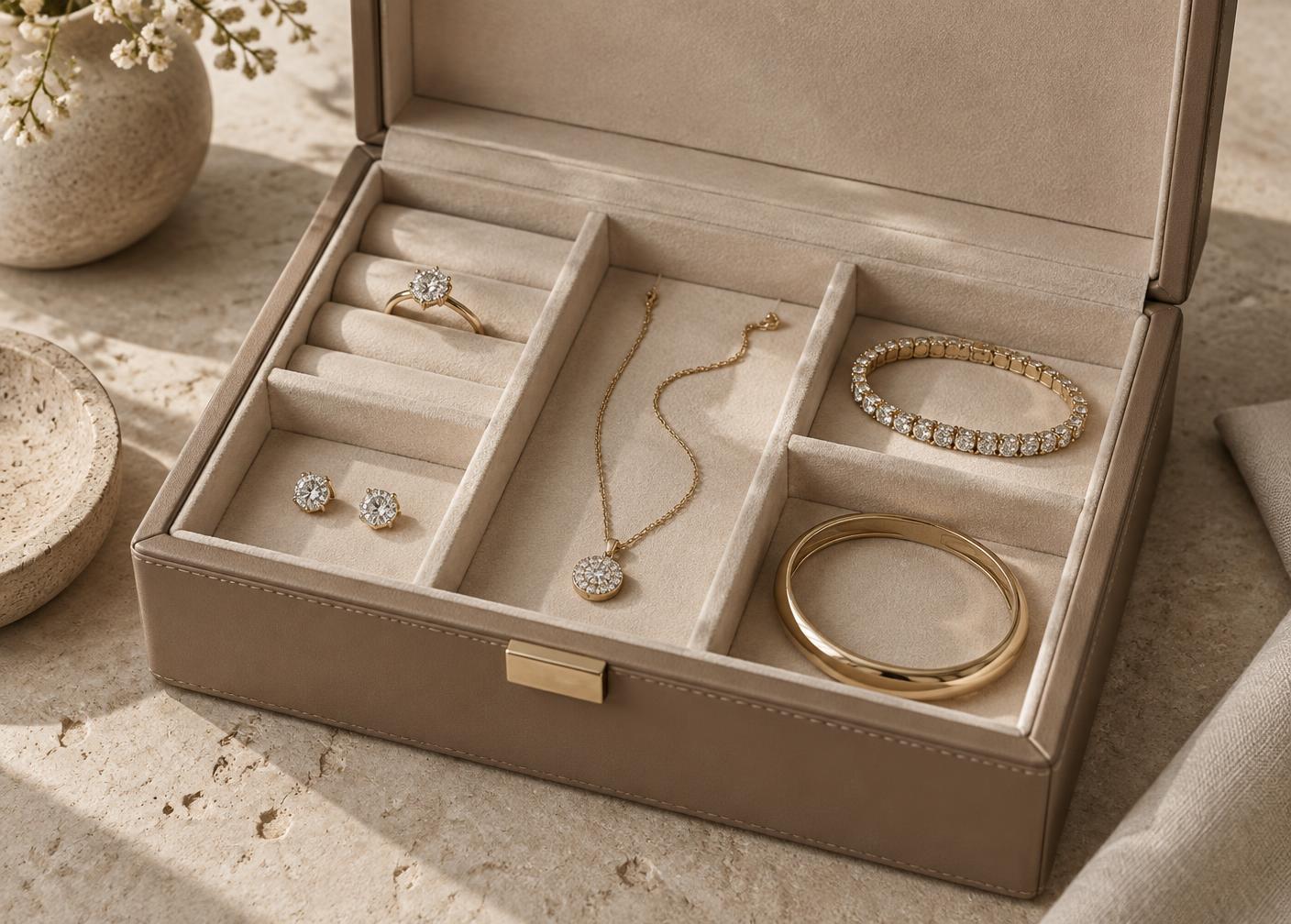Fine jewelry stored separately in a lined compartment box