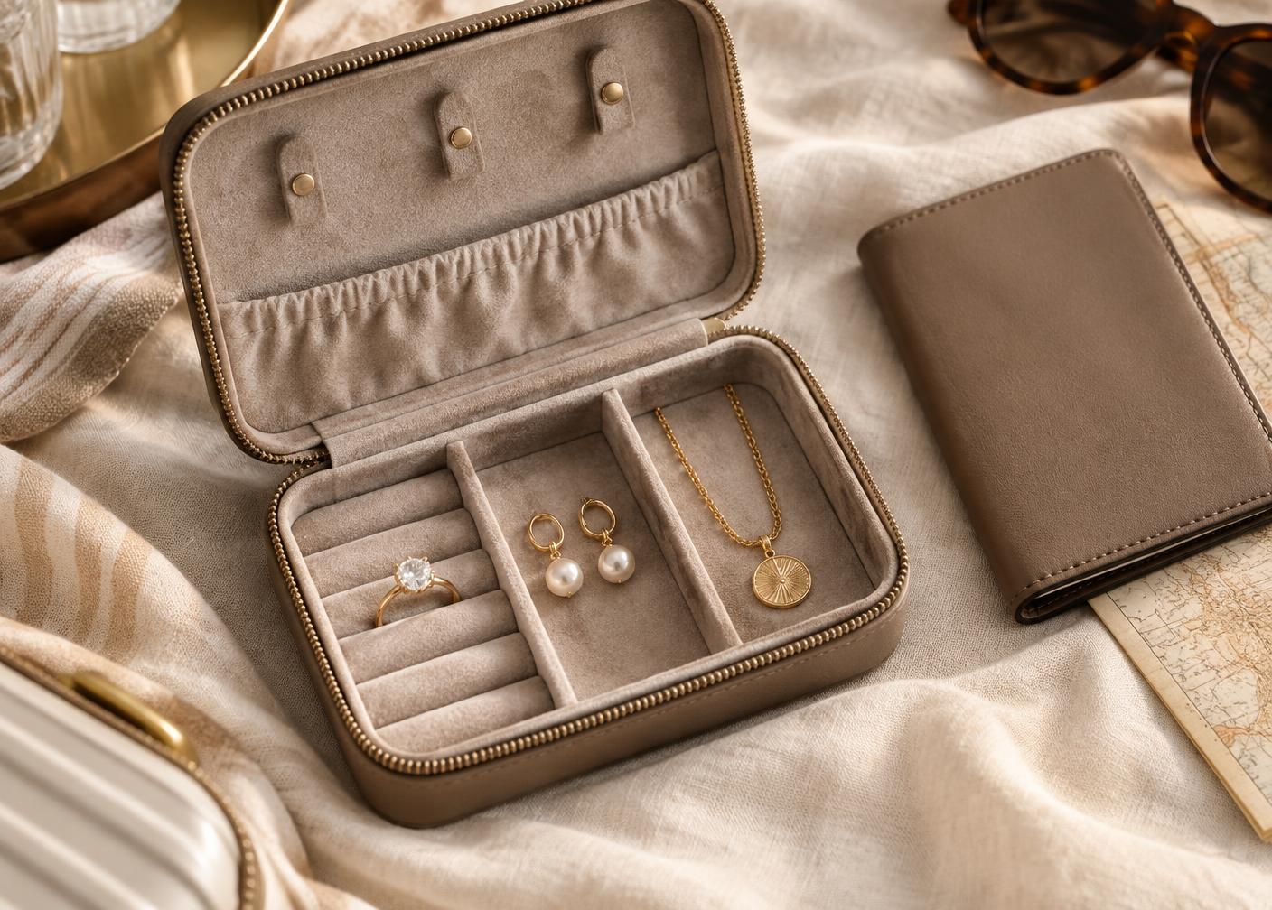 Structured padded travel jewelry case with each piece secured in a separate compartment
