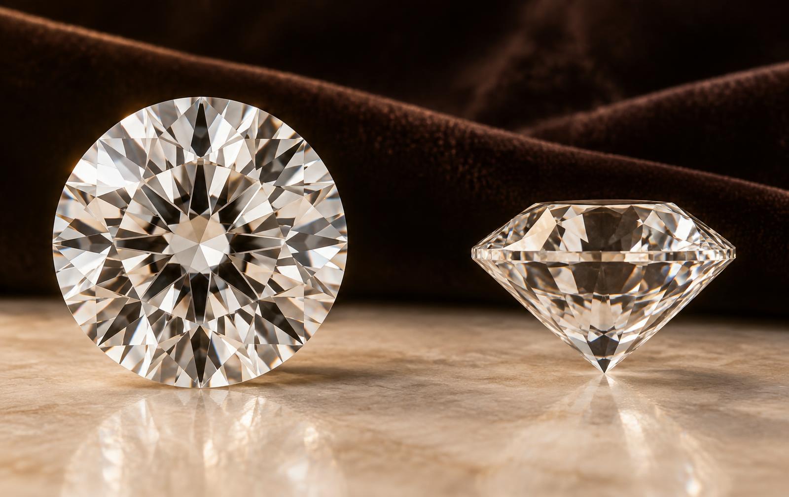 Face-up and profile round brilliant diamonds used to introduce the 4Cs