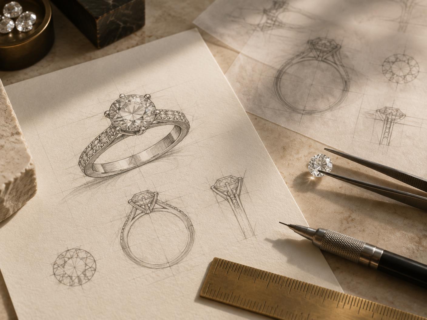 Jewelry sketches, diamond tools, and a developing bespoke design