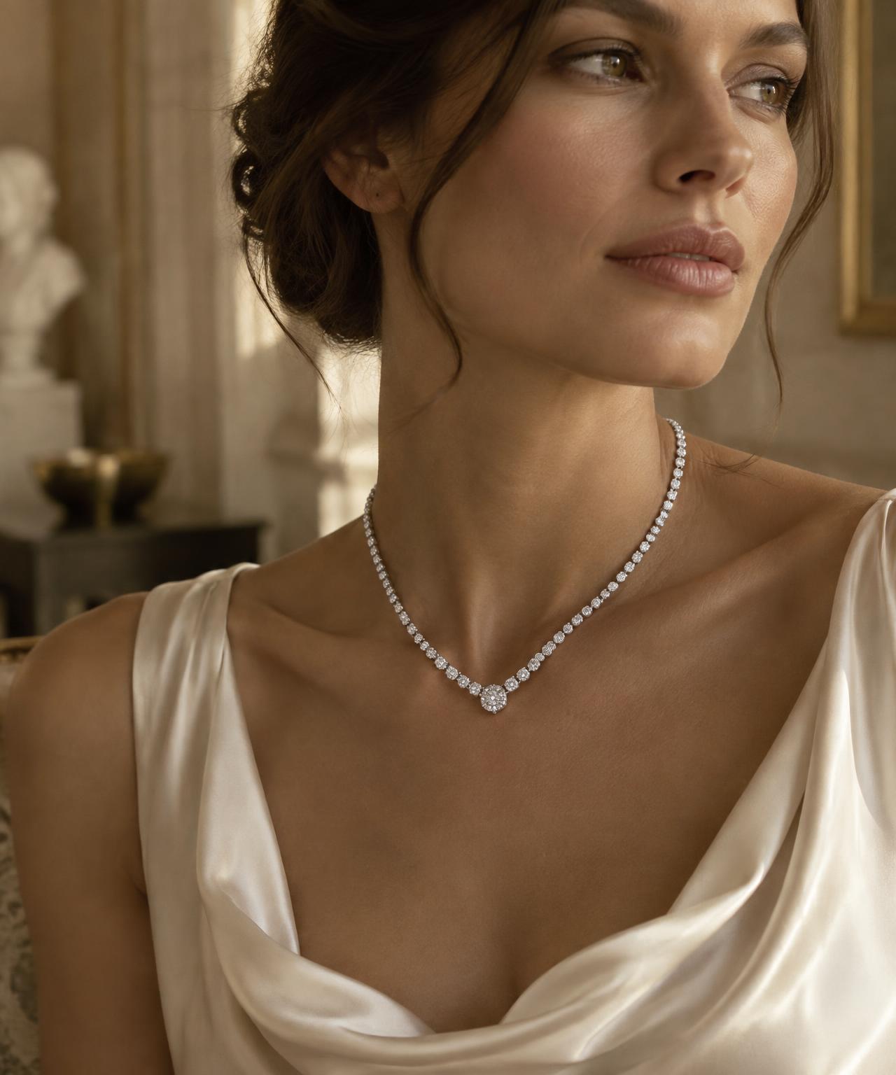 Woman wearing a diamond necklace in warm architectural light