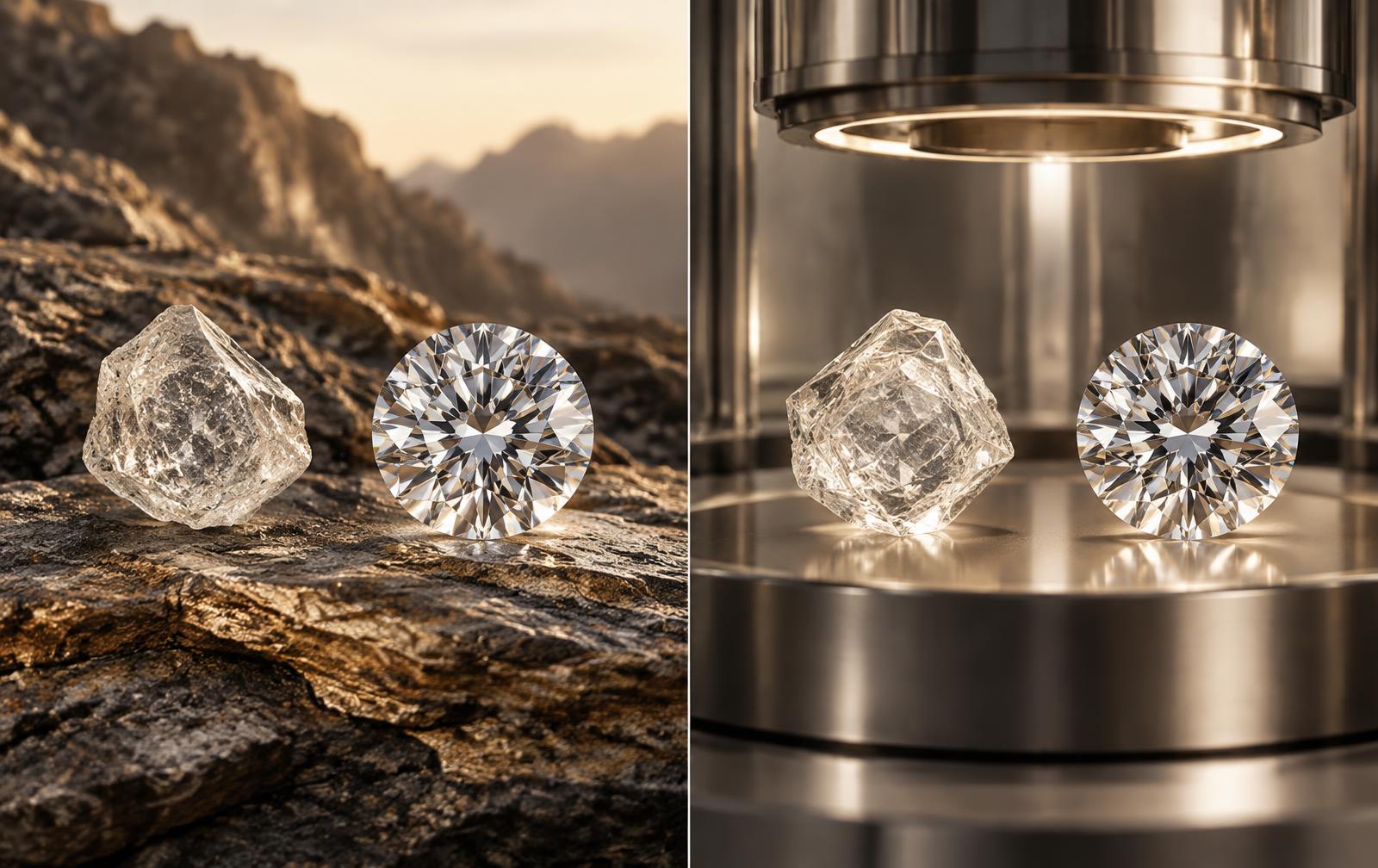 Natural and laboratory-grown diamonds presented under neutral studio light