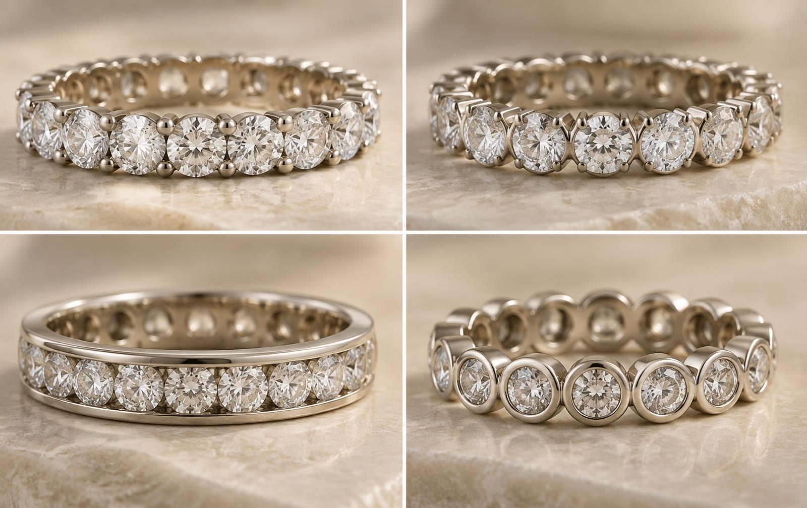 Macro comparison of shared-prong, U-prong, channel-set and bezel-set diamond eternity bands