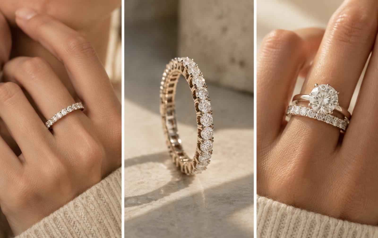 Eternity band shown on a hand, in side profile and beside a solitaire engagement ring