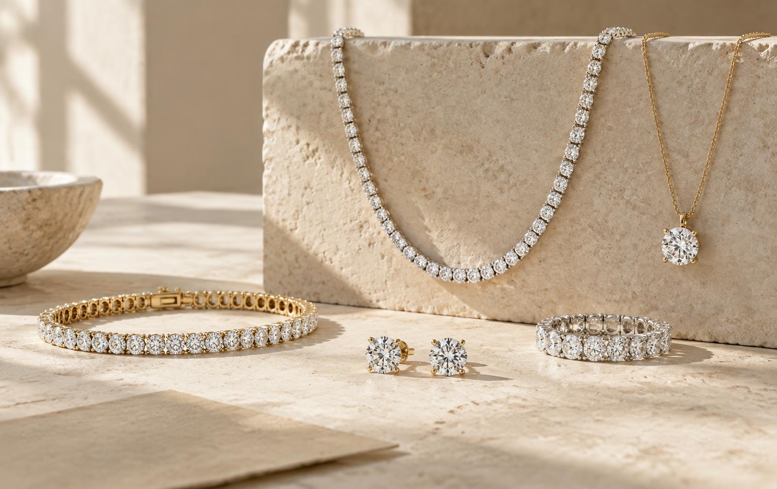 Diamond studs, tennis bracelet, tennis necklace, eternity band and pendant arranged on warm limestone