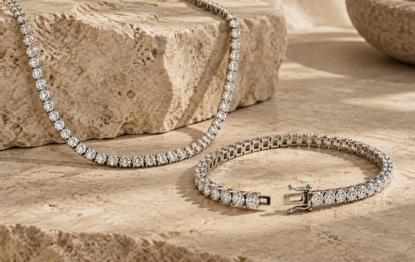 Tennis Bracelets and Tennis Necklaces photographed as a fine-jewelry educational study