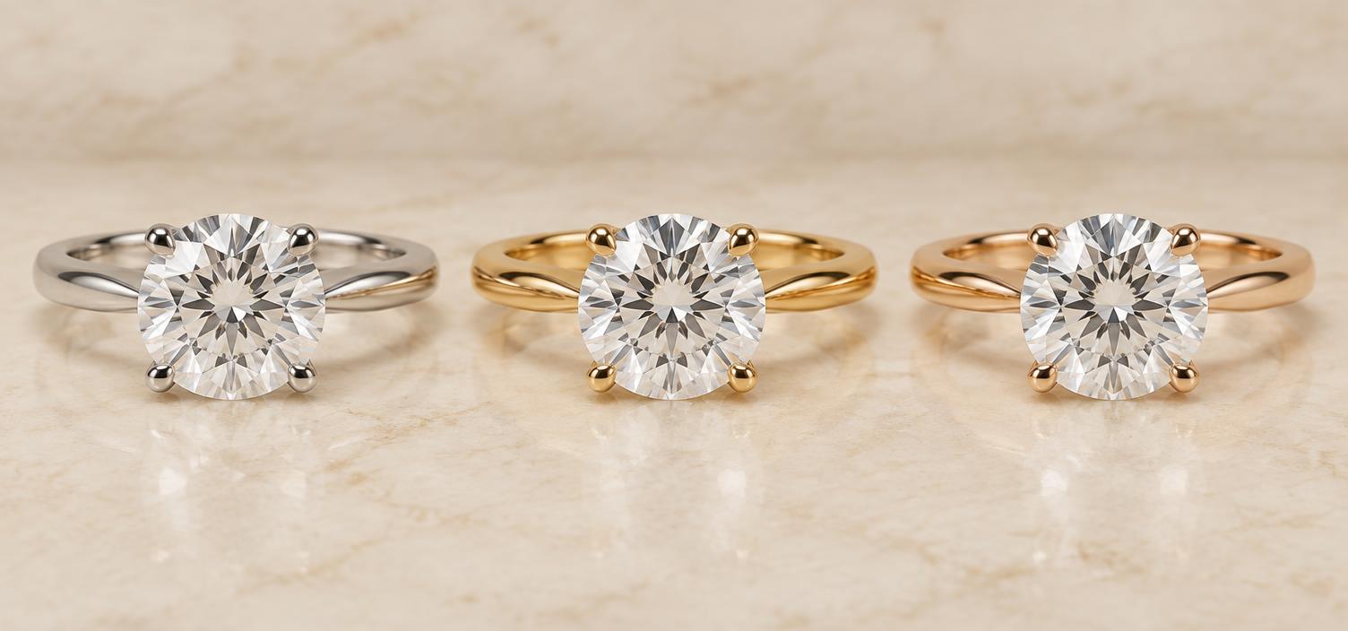 The same general ring silhouette compared in white, yellow, and rose metal tones