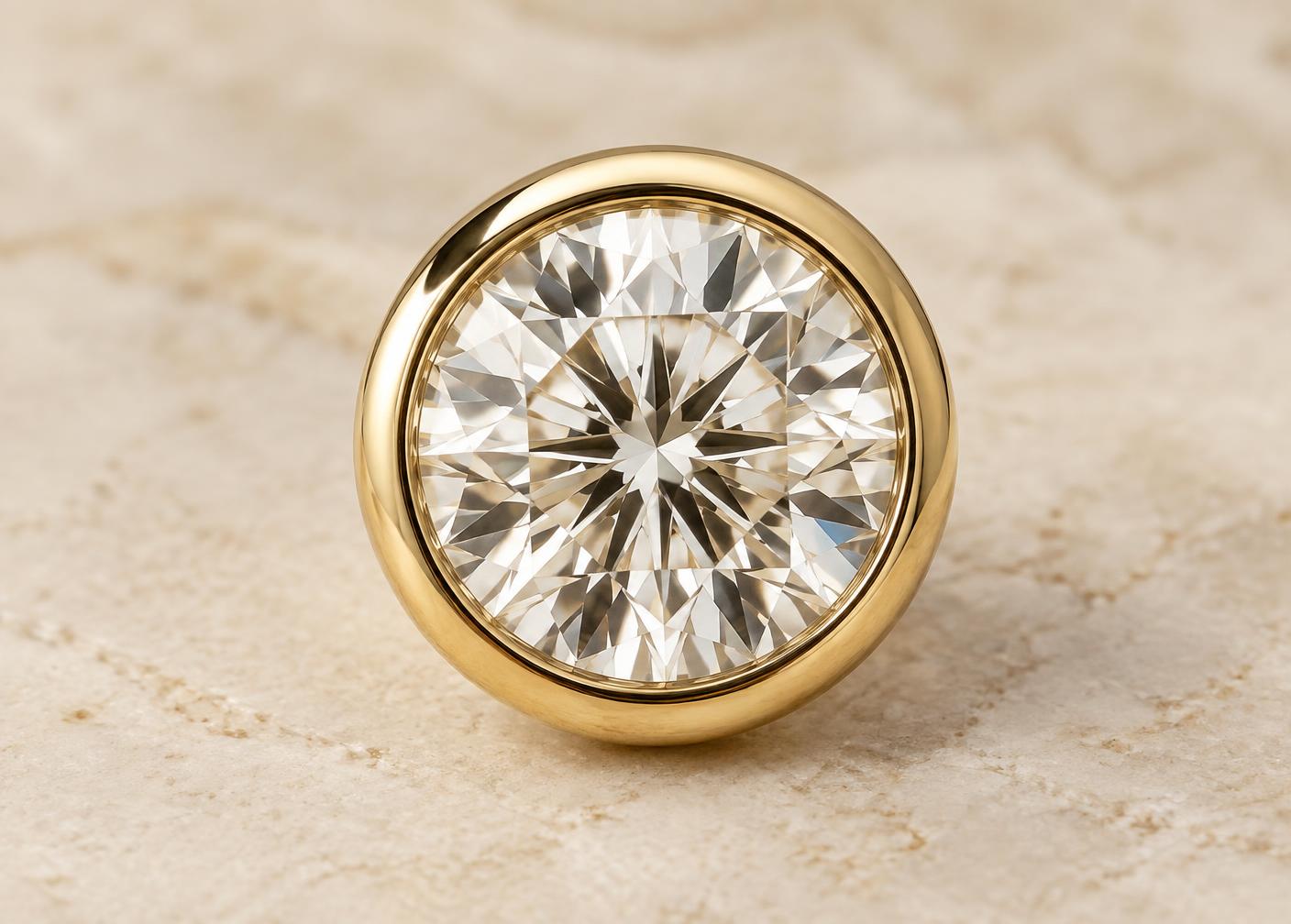 Round diamond secured by a continuous polished gold bezel rim