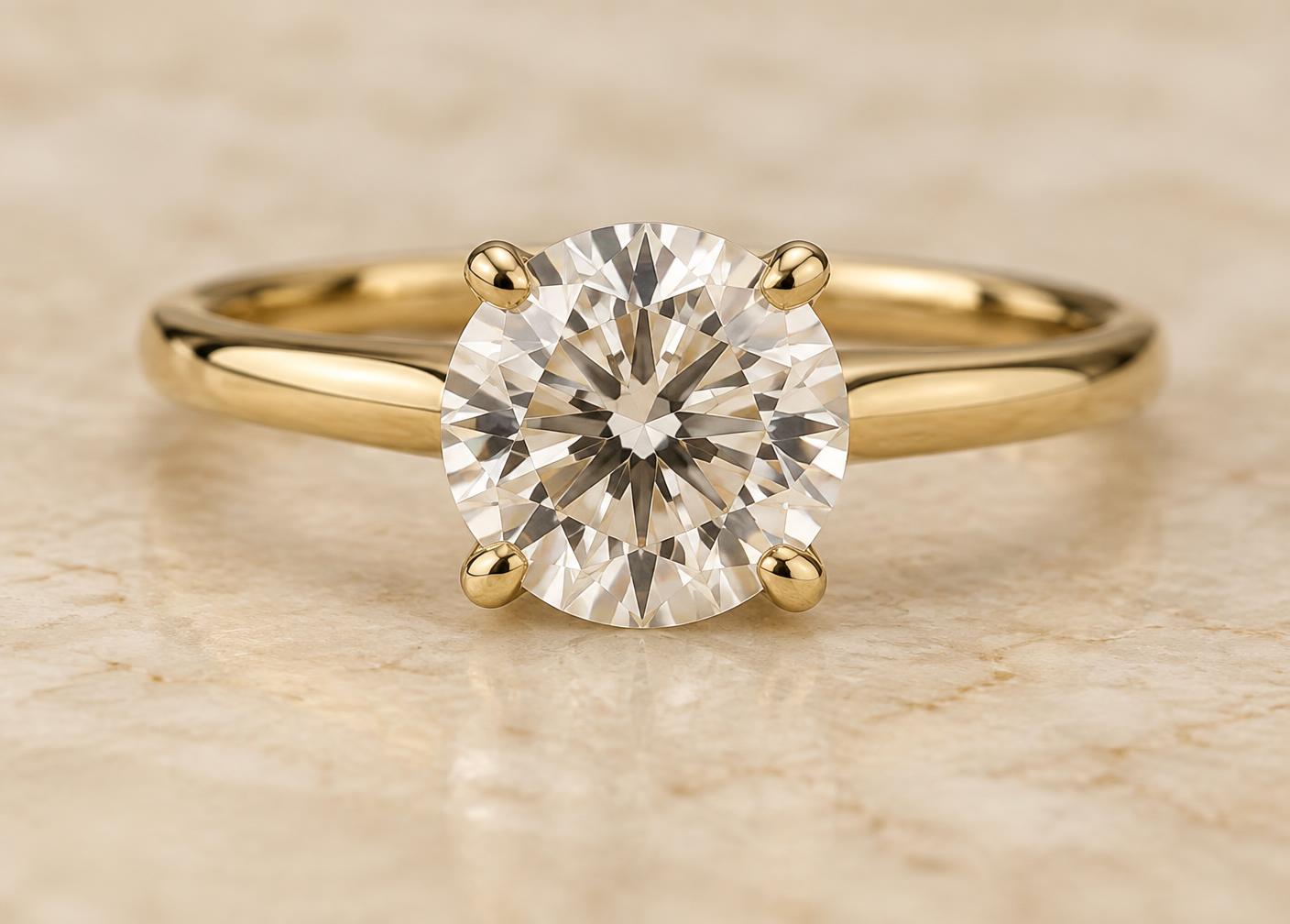 Round diamond held at four points by polished claw prongs
