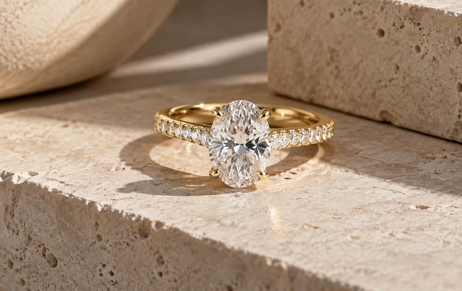 Oval yellow-gold engagement ring with a line of pavé diamonds along both shoulders