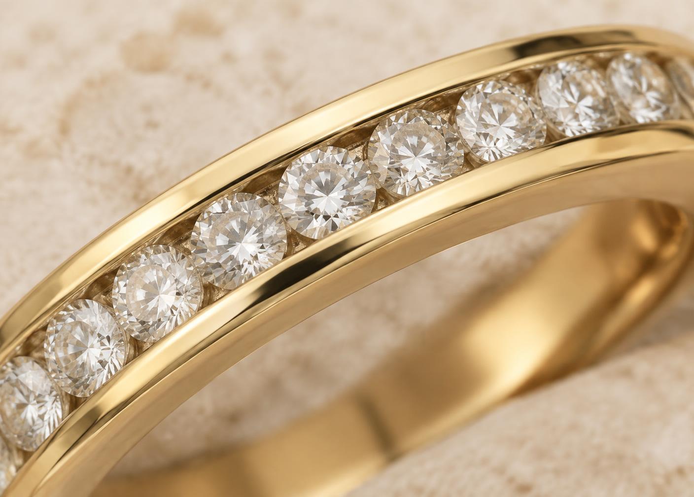 Round diamonds held between two continuous gold walls without individual prongs