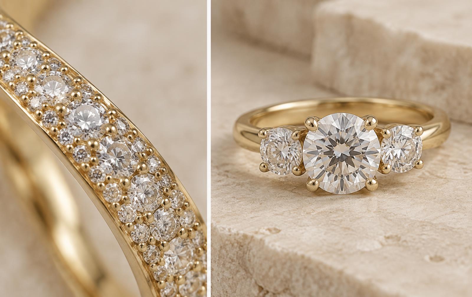Macro pavé diamonds beside an engagement ring with two supporting side diamonds