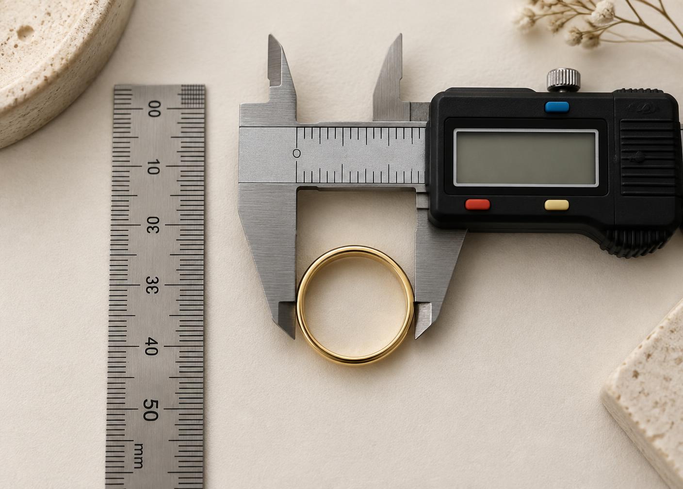 Ring measured across its inside diameter with a metric caliper
