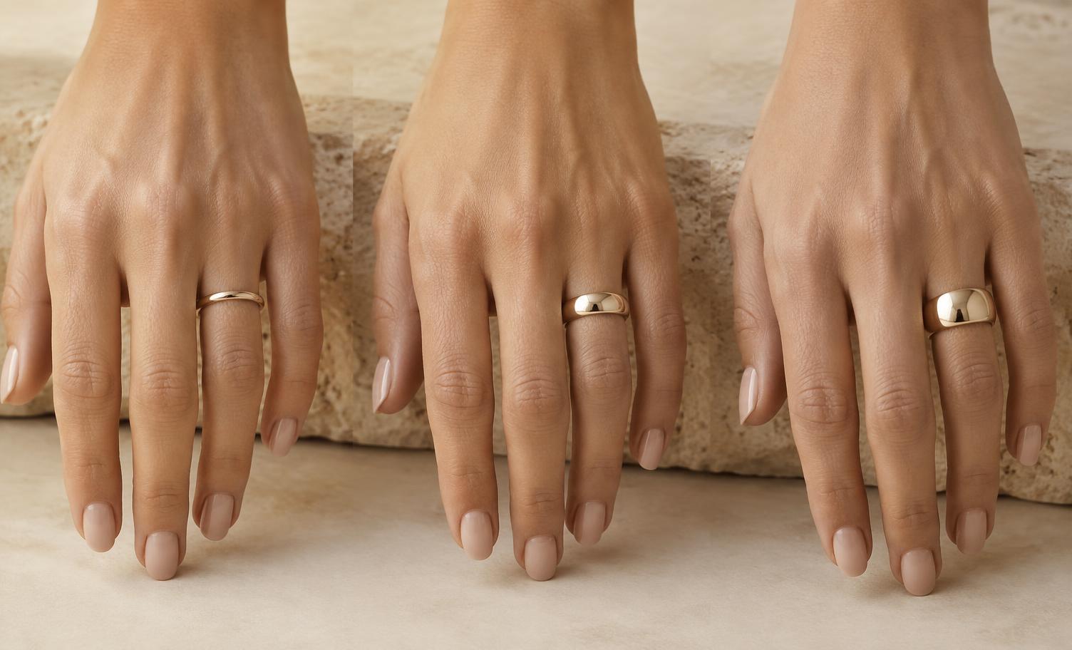 Narrow, medium and wider polished gold bands shown on comparable fingers under consistent lighting