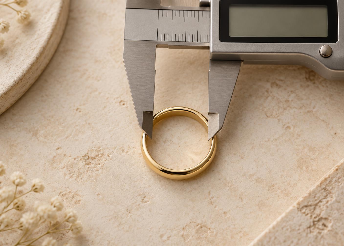 A polished gold ring measured across the empty center with digital caliper tips touching the inner edges