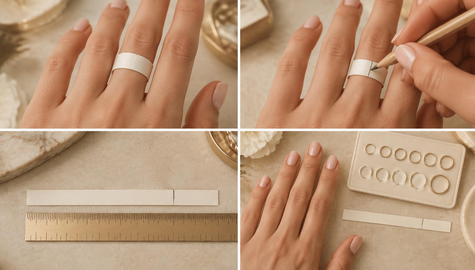 Four photographic steps showing a paper sizing strip wrapped around a finger, marked at the overlap, measured in millimeters and compared with a sizing reference
