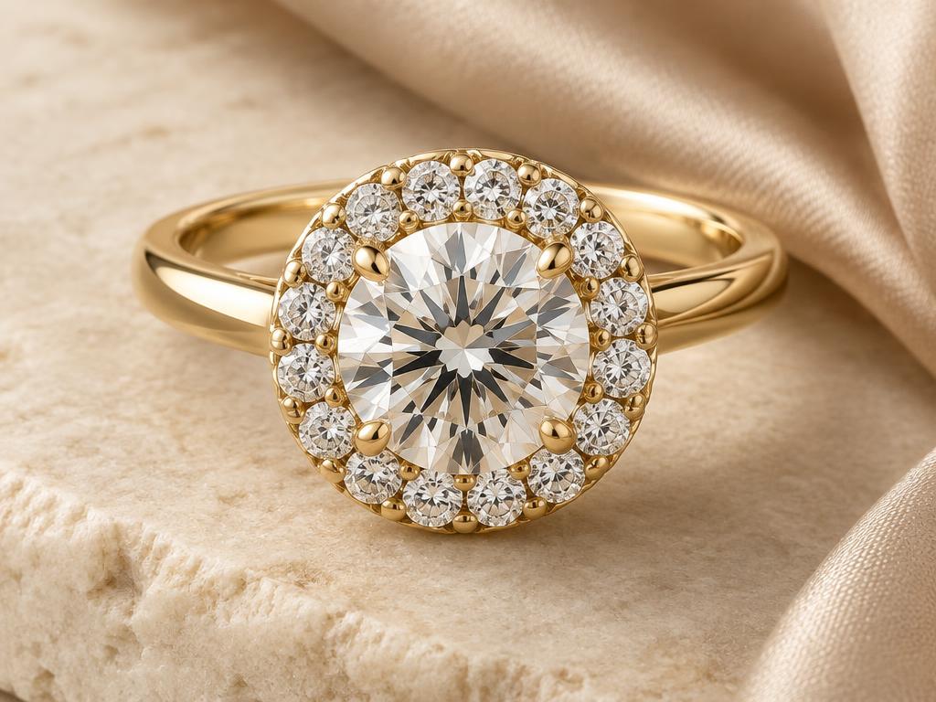 Halo engagement-ring style shown as an educational example