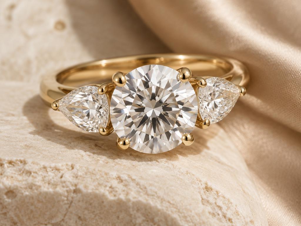 Three-stone engagement ring photographed as a setting-style study